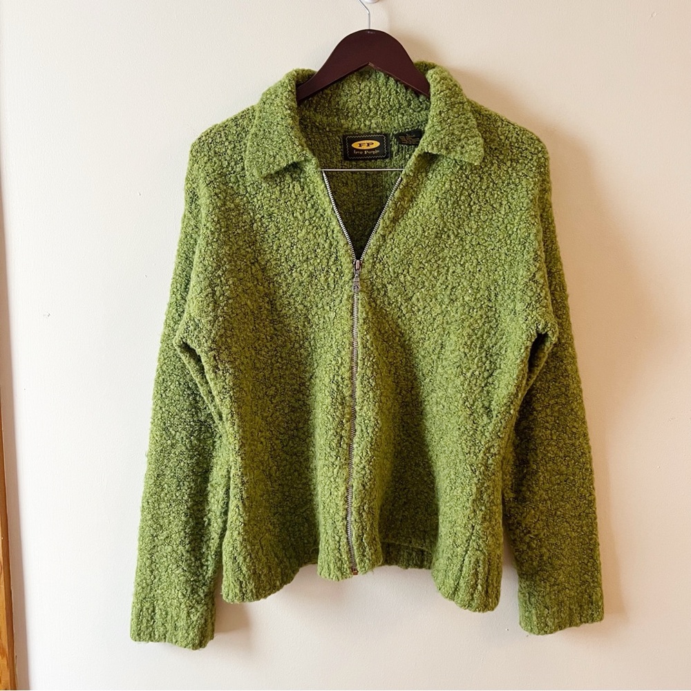 Free People Olive Green Zip-Front Bouclé Sweater Jacket